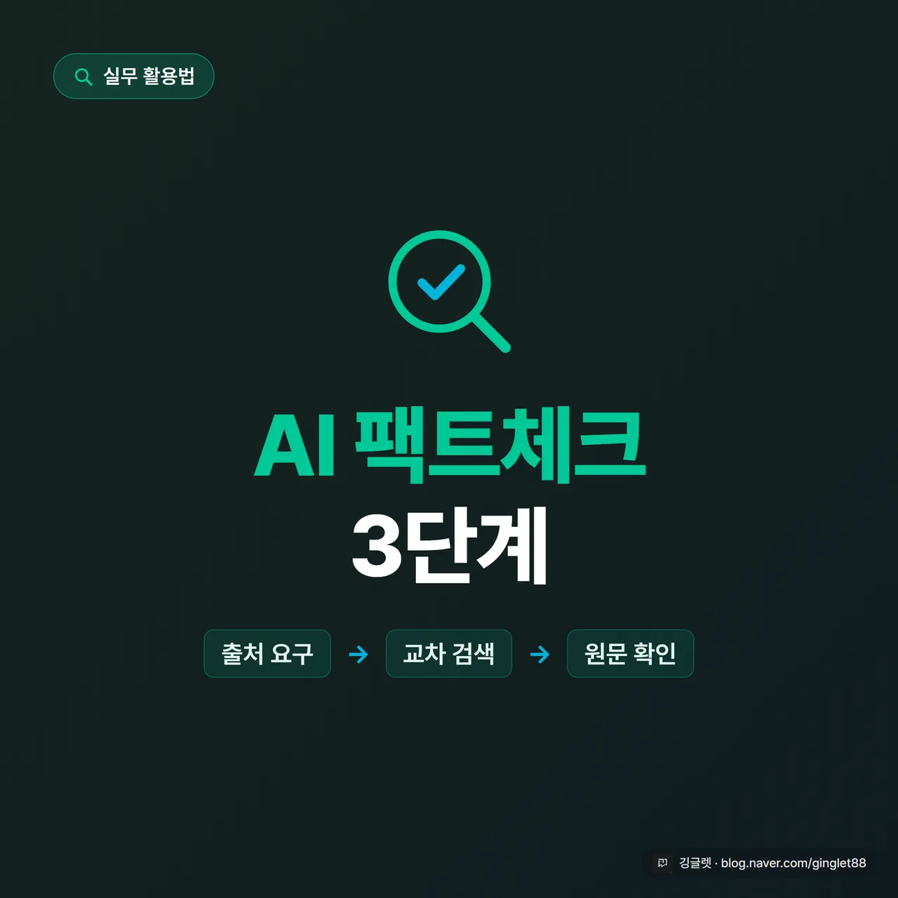 썸네일 - 그린 베이스 배경에 “AI 팩트체크 3단계” 큰 글씨, 아래 작게 “출처 요구 → 교차 검색 → 원문 확인”, 중앙에 체크 표시와 돋보기 아이콘