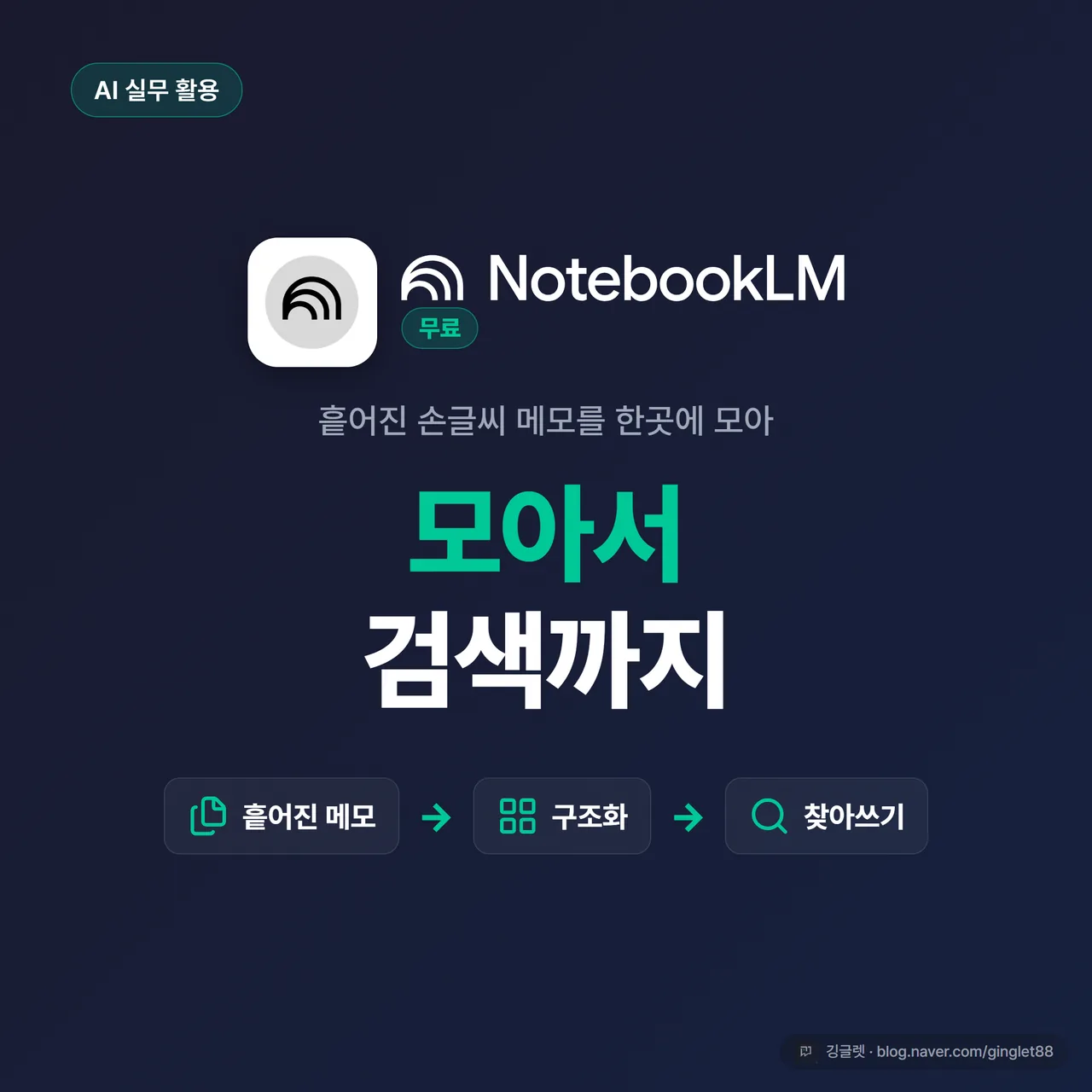 썸네일 - “손글씨 노트, 모아서 검색까지” 큰 제목 + “흩어진 메모 → 구조화 → 찾아쓰기” 3단계 작은 글씨, 네이비(#1A2D5C) 배경에 그린(#00C896) 포인트, 노트·돋보기 아이콘
