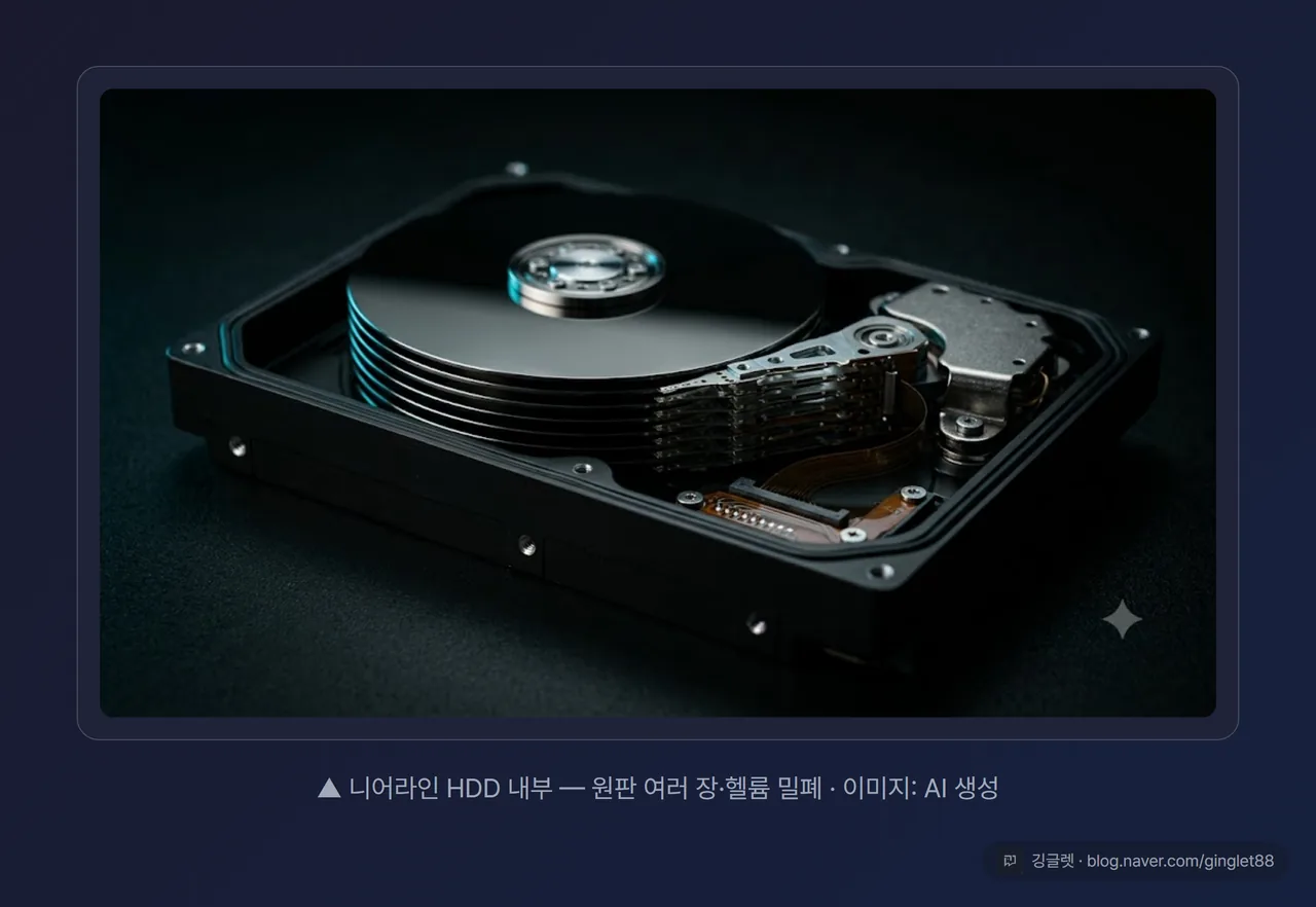 니어라인 HDD 내부 — 헬륨 밀폐·원판 여러 장 (실물 이미지, AI 생성)