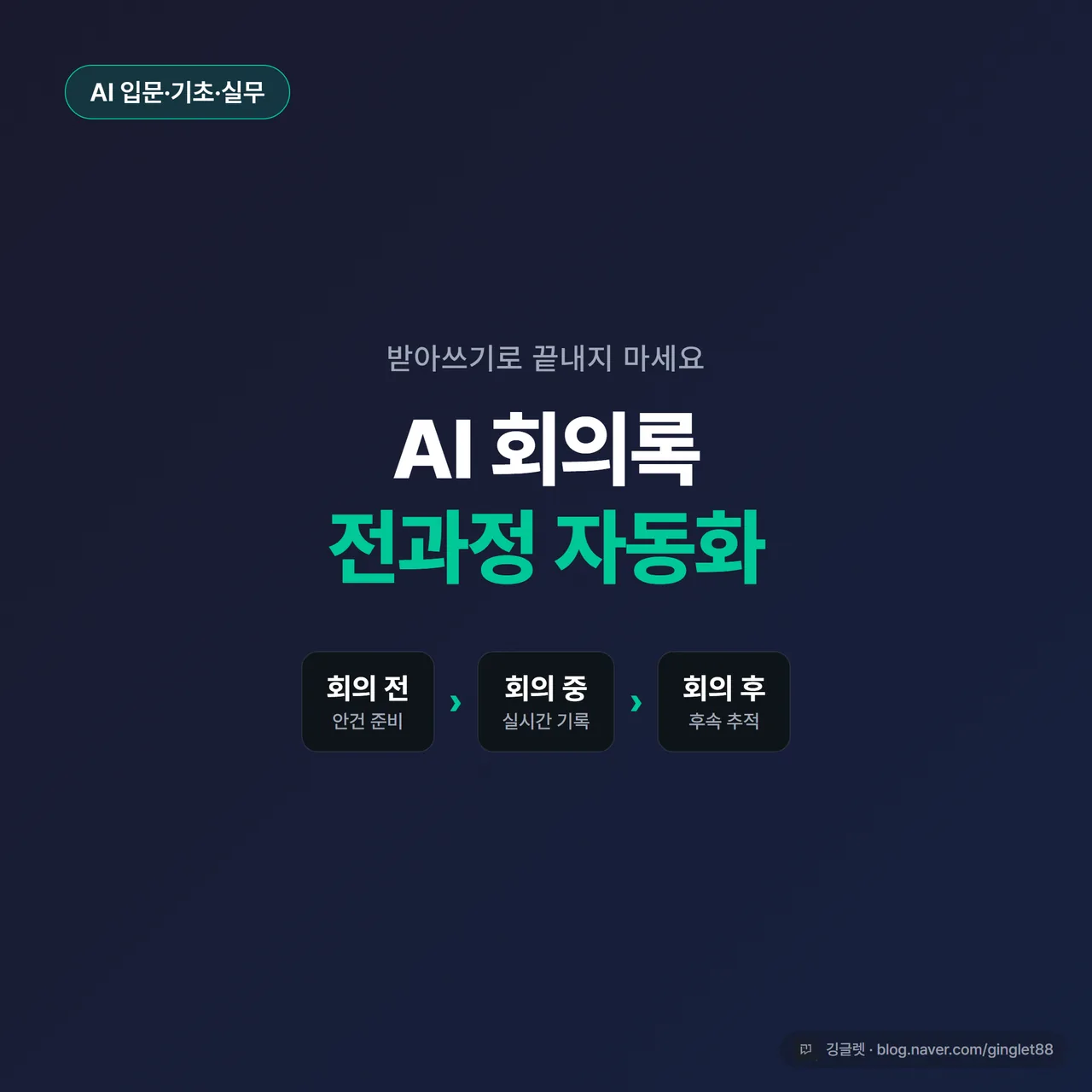 썸네일 - “AI 회의록 전과정 자동화” 큰 글씨 + “회의 전·중·후 한 줄로 연결” 부제, 네이비 배경에 깅글렛 로고, 회의 전→중→후 3단계 화살표 그래픽