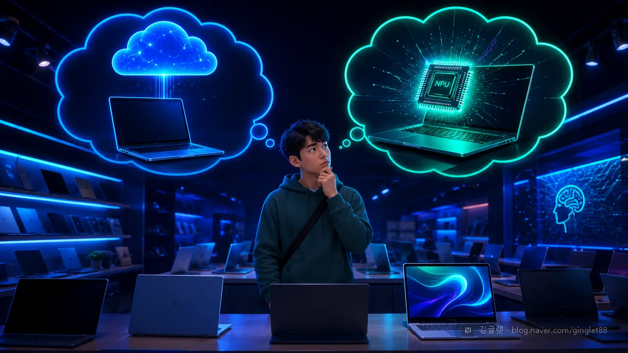노트북 매장에서 ‘AI PC 꼭 사야 하나?’ 고민하는 사람 - 클라우드 AI 노트북 vs NPU 박힌 AI PC를 두 생각풍선으로 대비한 컨셉 일러스트