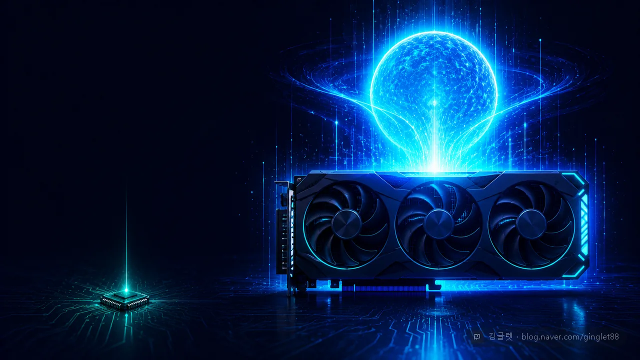 작은 NPU 칩과 거대한 그래픽카드(GPU)의 극명한 크기·에너지 대비 - AI 연산력 차이가 어마어마하다는 컨셉 일러스트