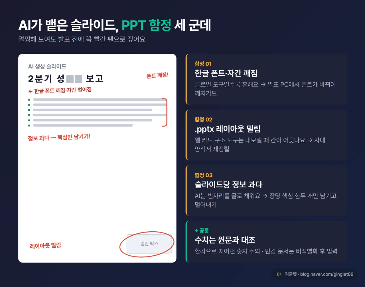 AI 생성 슬라이드의 한글 폰트 깨짐·레이아웃 밀림·정보 과다를 빨간 펜으로 짚어 검수하는 장면
