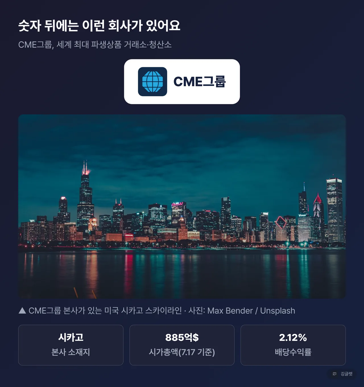 CME그룹 공식 로고 대형 카드와 본사가 있는 시카고 스카이라인 사진