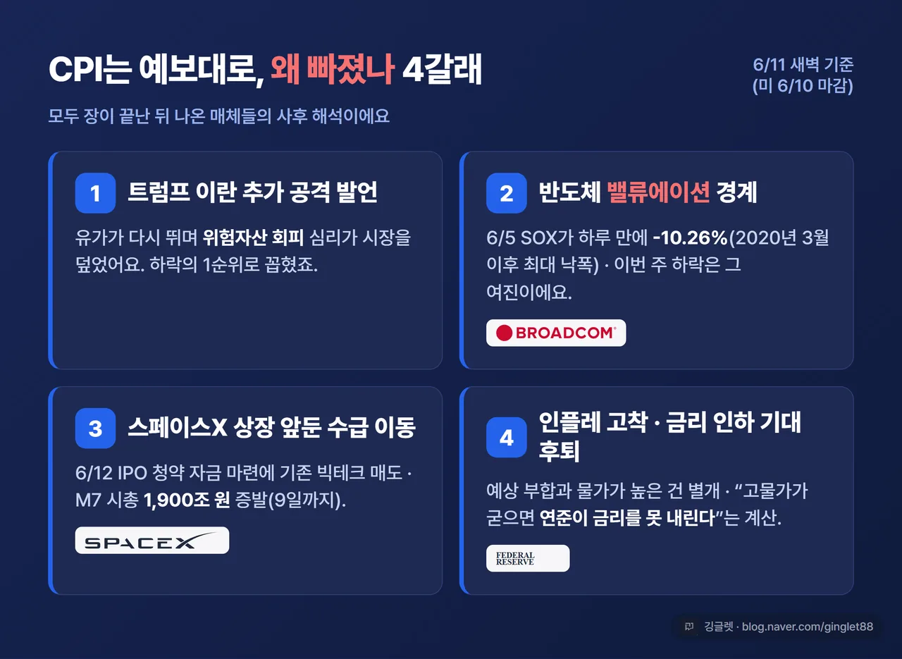 하락 이유 4갈래 카드 인포그래픽 - ① 트럼프 이란 추가 공격 발언(유가 급등·위험회피) ② 반도체 밸류에이션 경계(6/5 SOX -10.26%의 여진) ③ 스페이스X 상장(6/12 예정) 앞둔 수급 이동(M7 시총 1,900조 원 증발) ④ 인플레 고착·금리 인하 기대 후퇴. 카드 4장 + “매체들의 사후 해석” 캡션. 블루(#2563EB) 베이스에 빨강 포인트. 로고: 스페이스X·브로드컴·연방준비제도(Fed). 라벨 “6/11 새벽 기준(미 6/10 마감)”