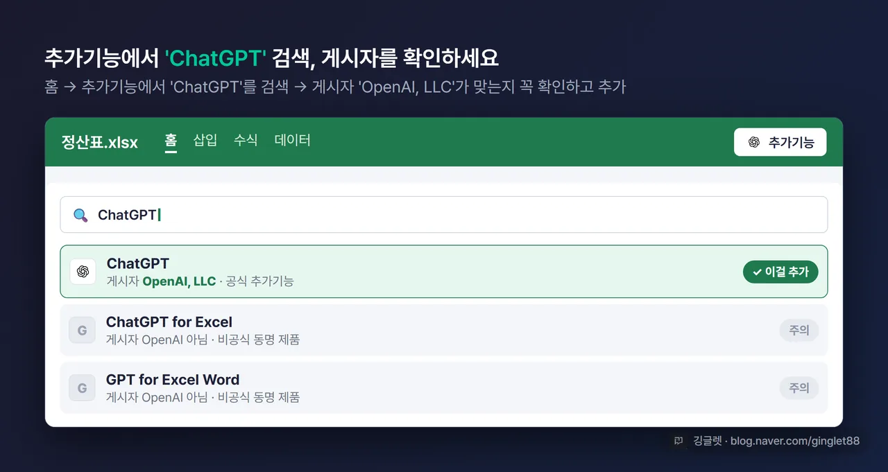 엑셀 홈 화면에서 추가기능(Add-ins) 메뉴에 “ChatGPT”(게시자 OpenAI, LLC) 사이드바가 열린 스크린샷