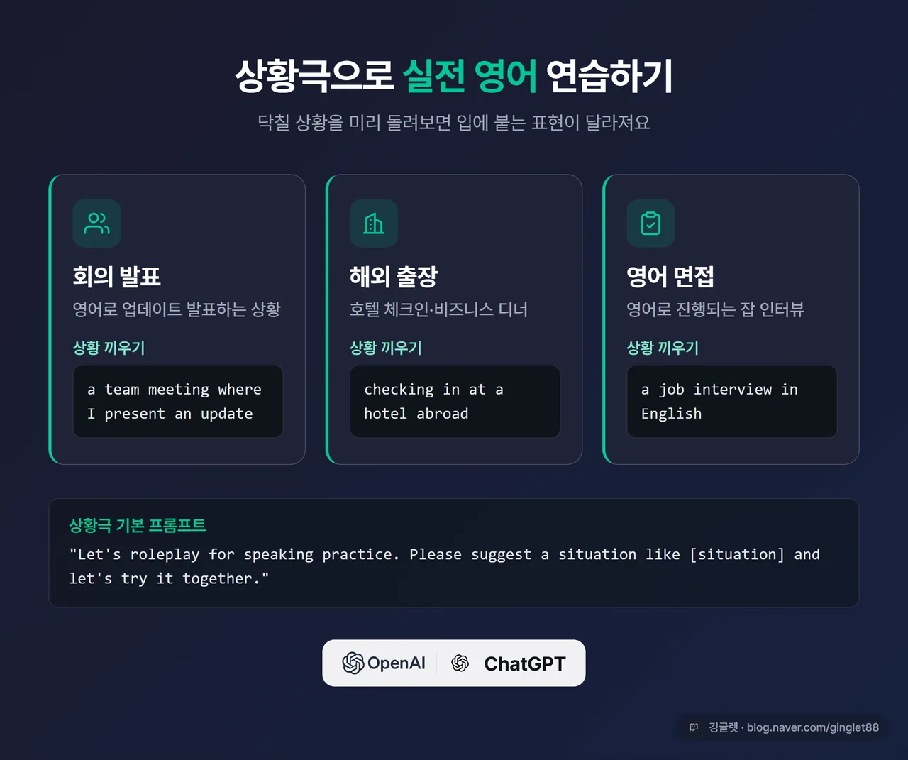 회의·출장·면접 3가지 상황극 프롬프트를 카드형으로 정리한 인포그래픽, 하단 ChatGPT/OpenAI 로고