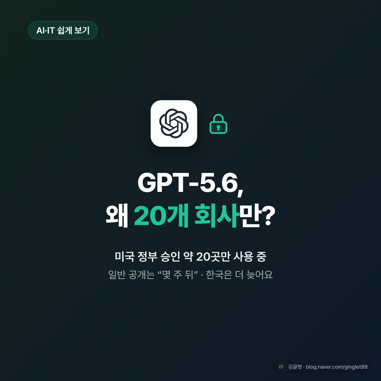 썸네일 - 네이비 배경에 “GPT-5.6, 왜 20개 회사만?” 큰 글씨 + 자물쇠 아이콘과 “정부 승인 약 20곳만 / 일반 공개는 몇 주 뒤” 부제, 깅글렛 로고