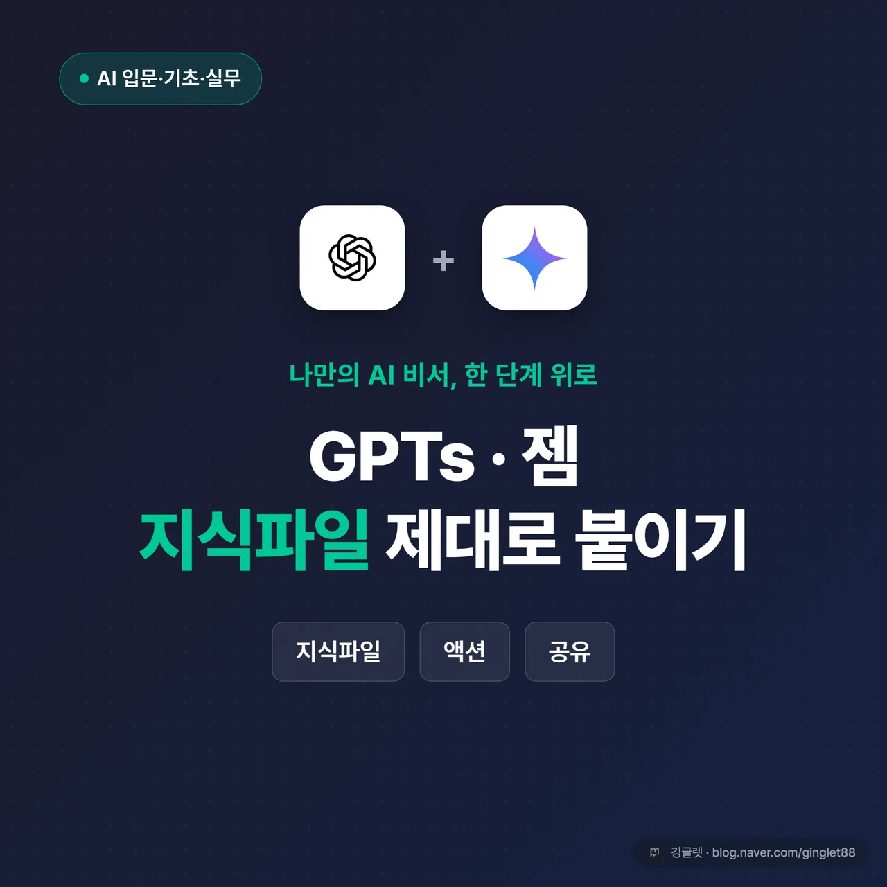 썸네일 - “GPTs 만들기 심화” 큰 글씨와 “지식파일·액션·공유” 부제, 네이비 배경에 그린 포인트, AI 비서 아이콘