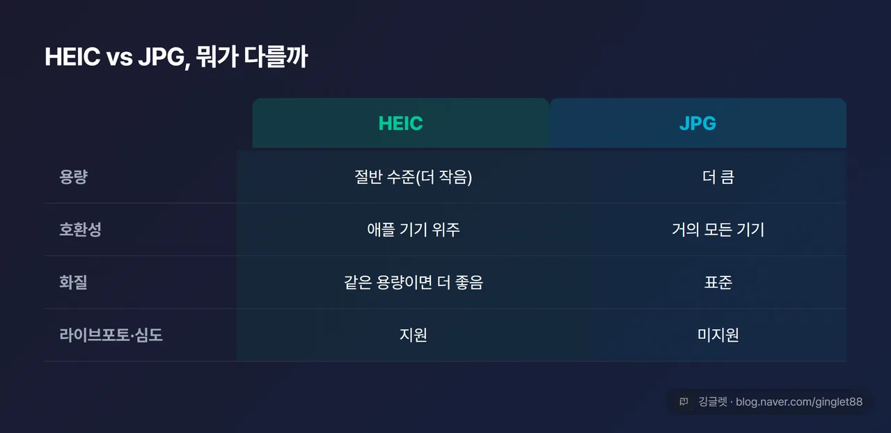 카드 — ‘HEIC vs JPG’ 4항목 대비(용량 / 호환성 / 화질 / 라이브포토·심도). HEIC=용량 작음·애플 위주·같은 용량이면 화질 좋음·라이브포토 지원 / JPG=용량 큼·거의 모든 기기·표준 화질·라이브포토 미지원