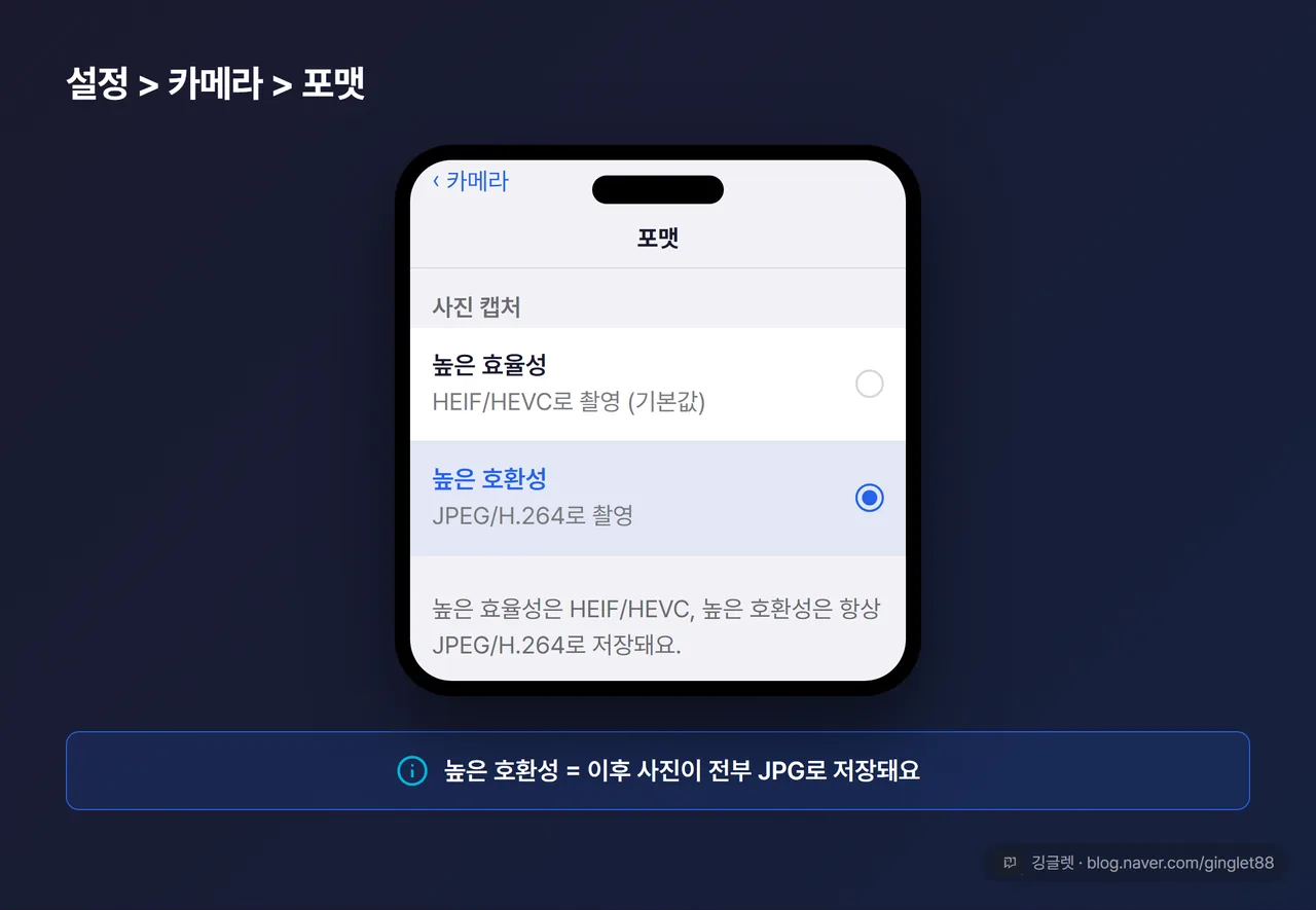 UI 목업 — 아이폰 ‘설정 > 카메라 > 포맷’ 화면. ‘높은 효율성’(체크됨·기본값)과 ‘높은 호환성’(선택 강조) 라디오 2개. 콜아웃 “높은 호환성 = 이후 사진이 전부 JPG로 저장”. 하단 설명문 “높은 효율성은 HEIF/HEVC, 높은 호환성은 항상 JPEG/H.264”