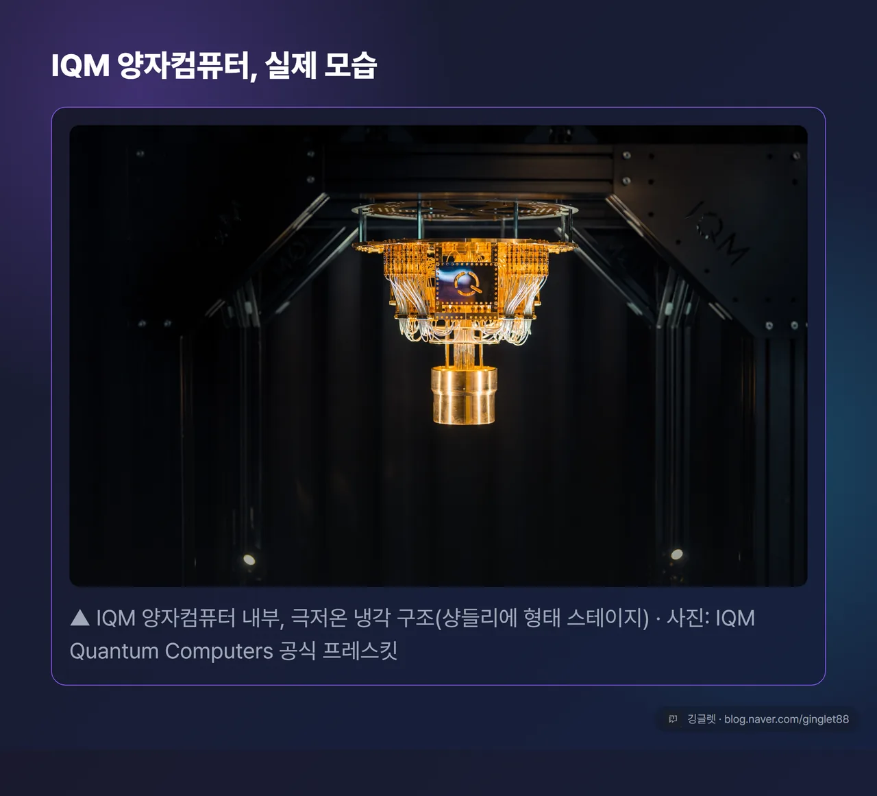 역할=쇼피스 | IQM 양자컴퓨터 하드웨어 실물 프레스킷 사진 (샹들리에형 극저온 냉각 구조가 보이는 컷) + §5-5-bis 다크 카드 처리, 캡션 ‘사진: IQM Quantum Computers 공식 프레스킷’ + 워터마크. 크게