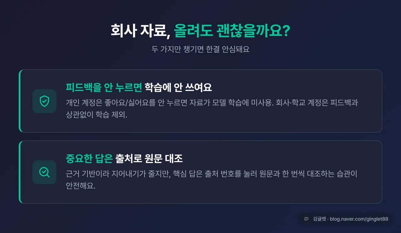 개인정보·검증 안내 카드 - “피드백 안 누르면 학습 미사용 / 중요한 답은 출처로 원문 대조” 두 줄 요약, 그린 베이스
