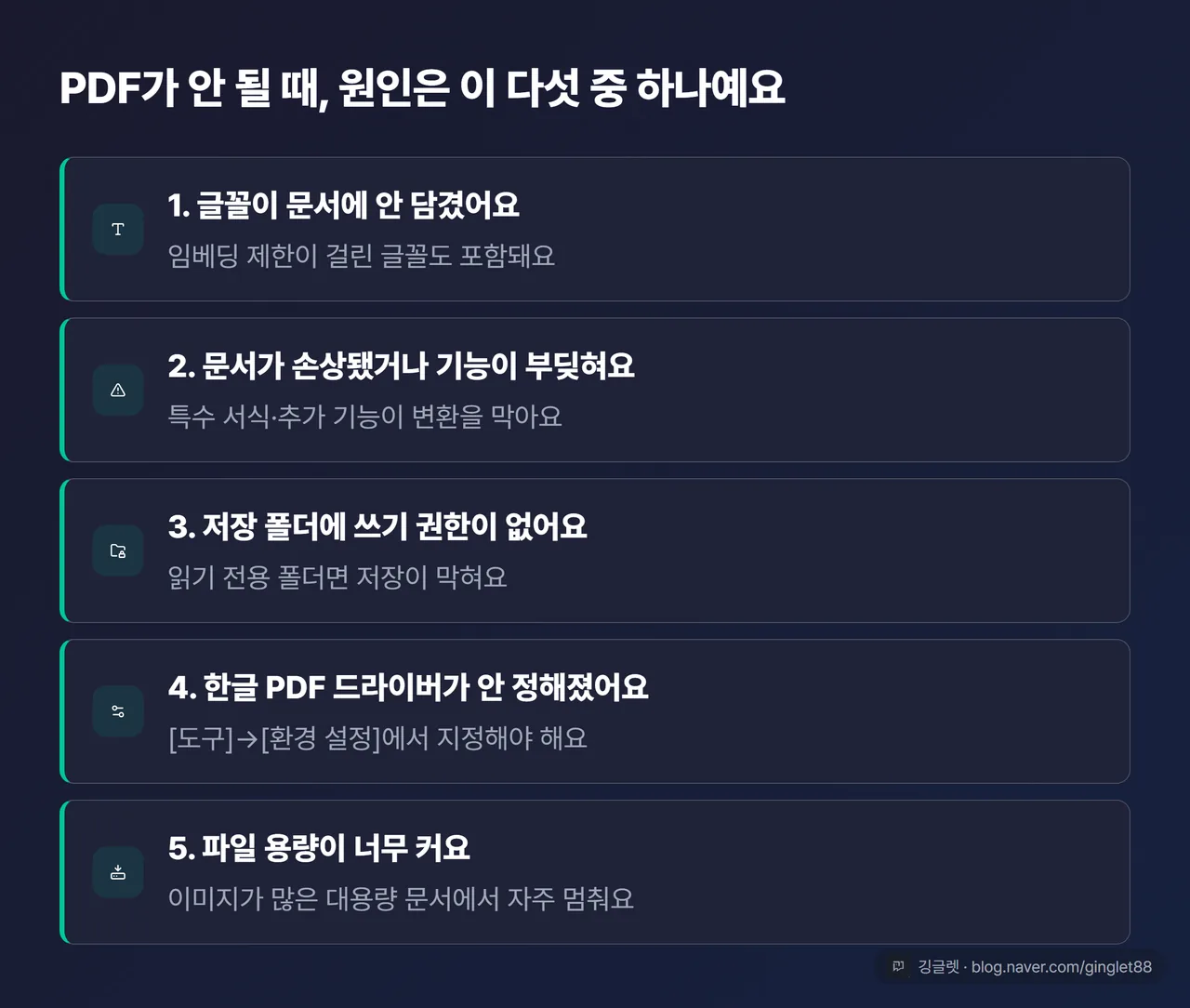 역할=요약 | PDF 변환 실패 원인 5가지 체크리스트 카드 (글꼴 미포함·임베딩 제한 / 문서 손상·추가기능 충돌 / 저장 권한 부족 / 한글 PDF 드라이버 미지정 / 대용량 파일), 각 항목 앞 체크박스 아이콘