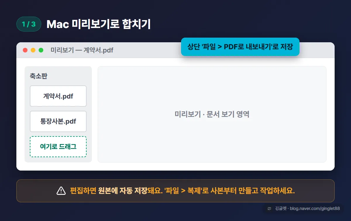 Mac 미리보기로 합치기 — 축소판 사이드바에 PDF 드래그 후 파일 > PDF로 내보내기