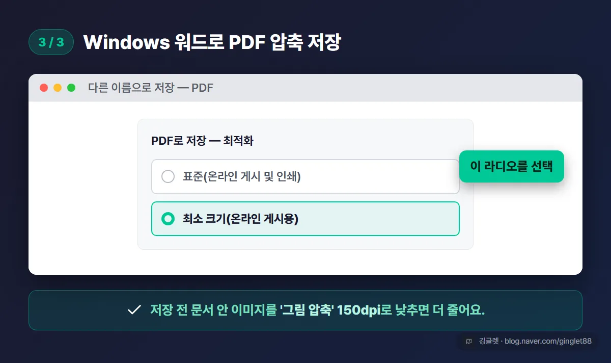 Windows 워드로 PDF 압축 저장 — 최소 크기(온라인 게시용) 라디오 선택