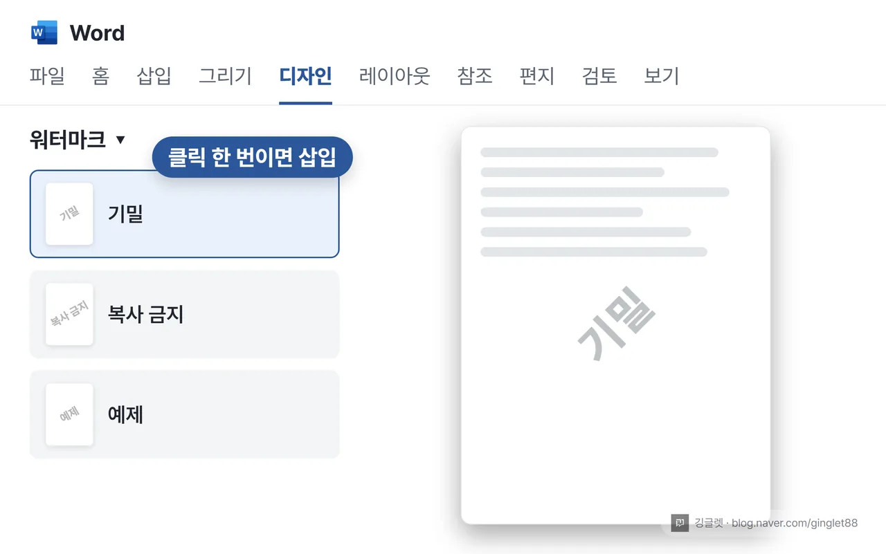 역할=흐름 | 워드 워터마크 UI 목업 - ‘디자인’ 탭 아래 ‘워터마크’ 드롭다운이 열려 “기밀”·“복사 금지”·“예제” 항목이 보이고, 뒤 문서에 대각선 반투명 “기밀” 미리보기, 콜아웃 “클릭 한 번이면 삽입”