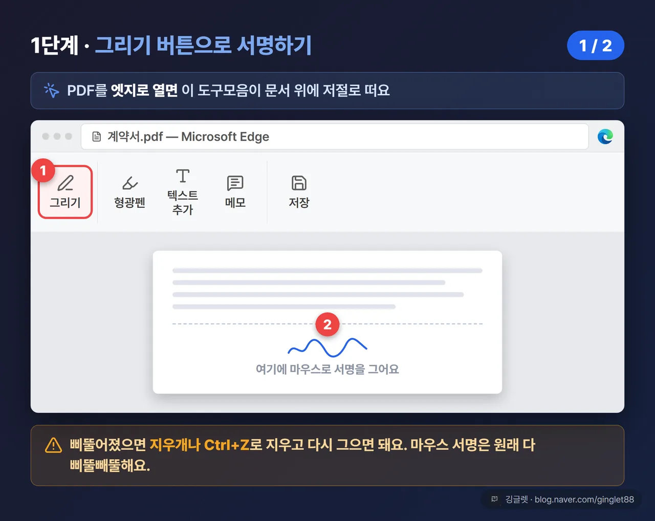 역할=흐름 | 엣지 PDF 도구모음에서 그리기(펜) 버튼 위치 + 서명 그리는 화면 UI 목업, 버튼에 콜아웃 (시리즈 1/2)
