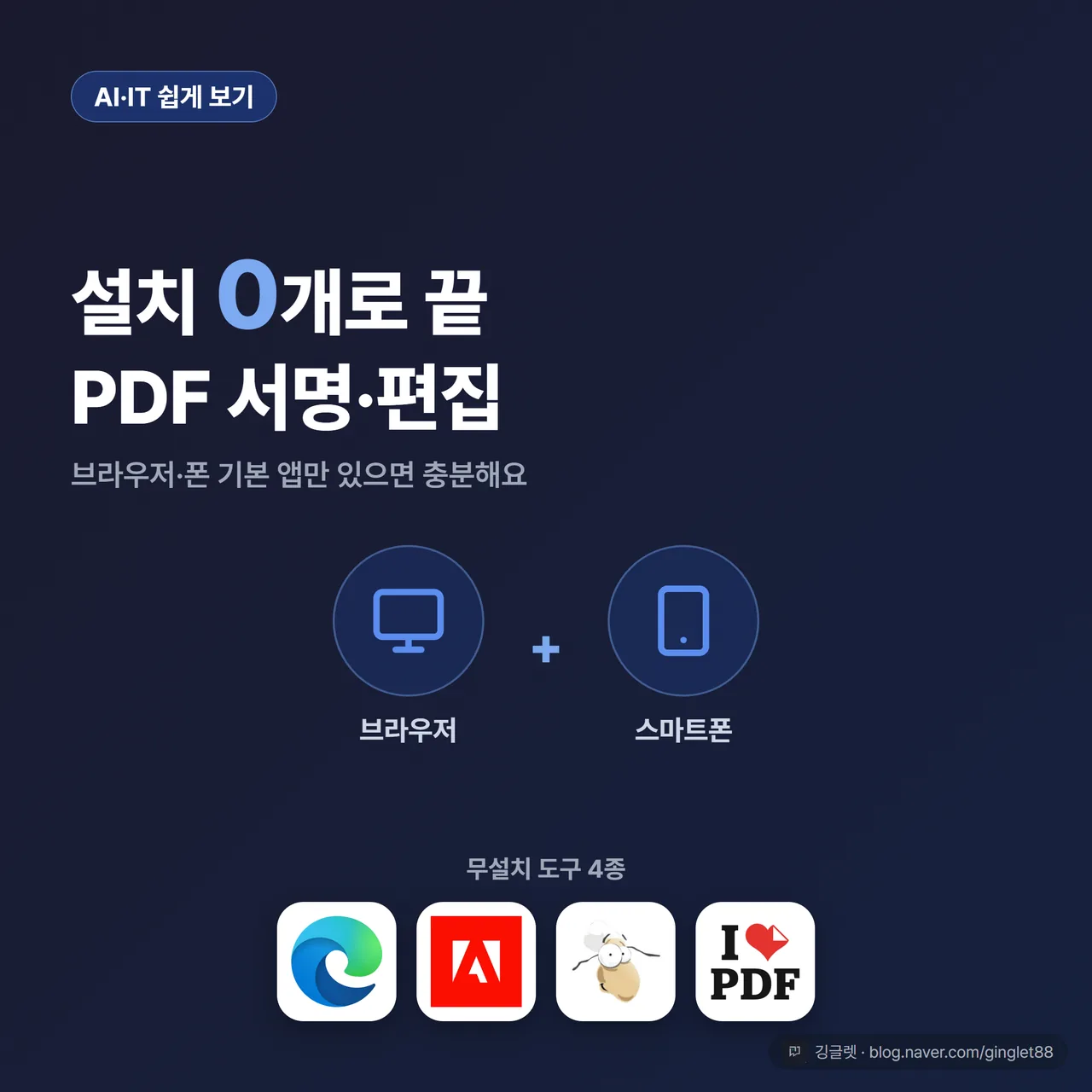 썸네일 - 역할=쇼피스 | “설치 0개 · PDF 서명·편집 무료” 큰 글씨 히어로 + 브라우저·스마트폰 아이콘