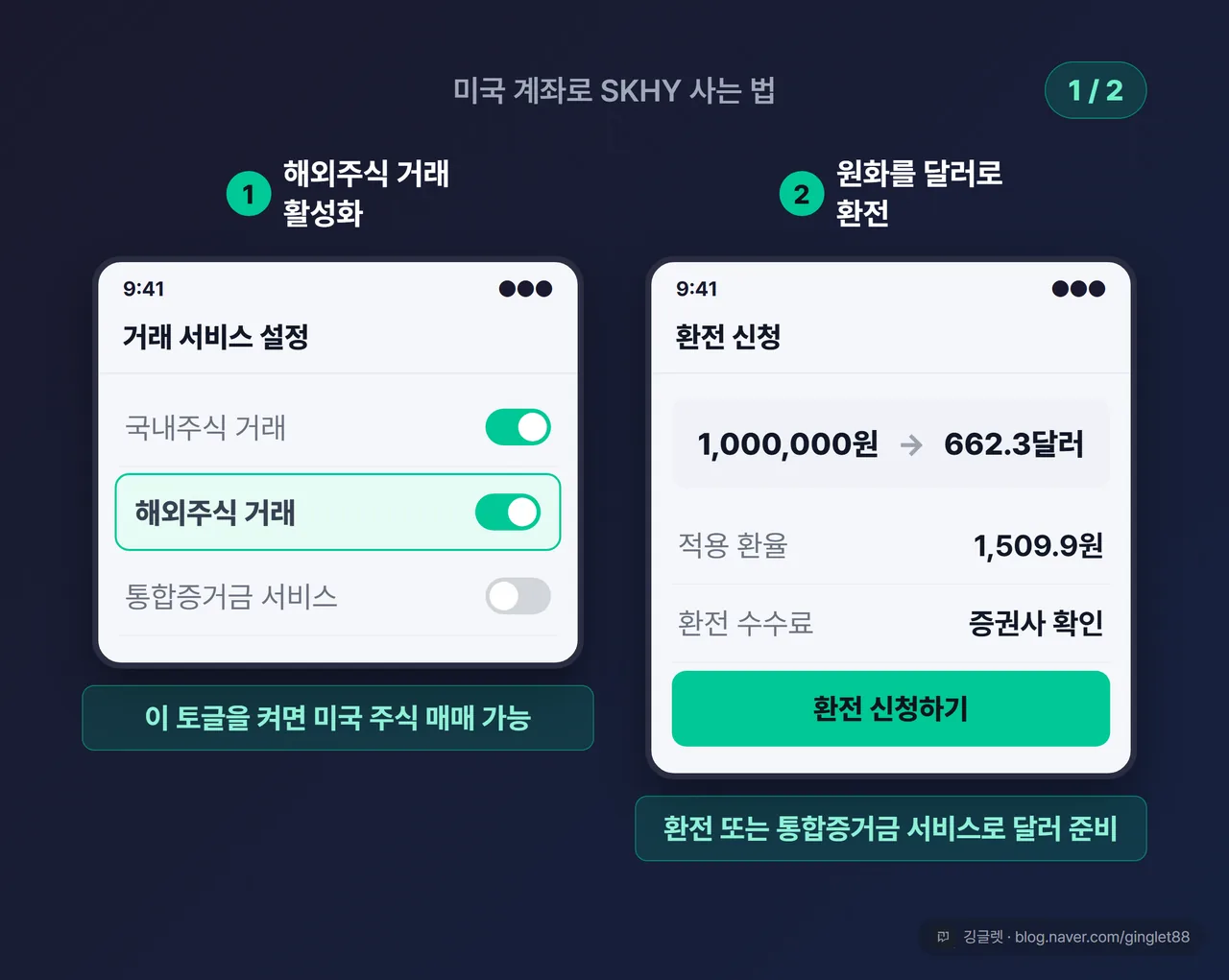 미국 계좌로 SKHY 사는 UI 목업 1/2 - 해외주식 거래 활성화 → 원화를 달러로 환전