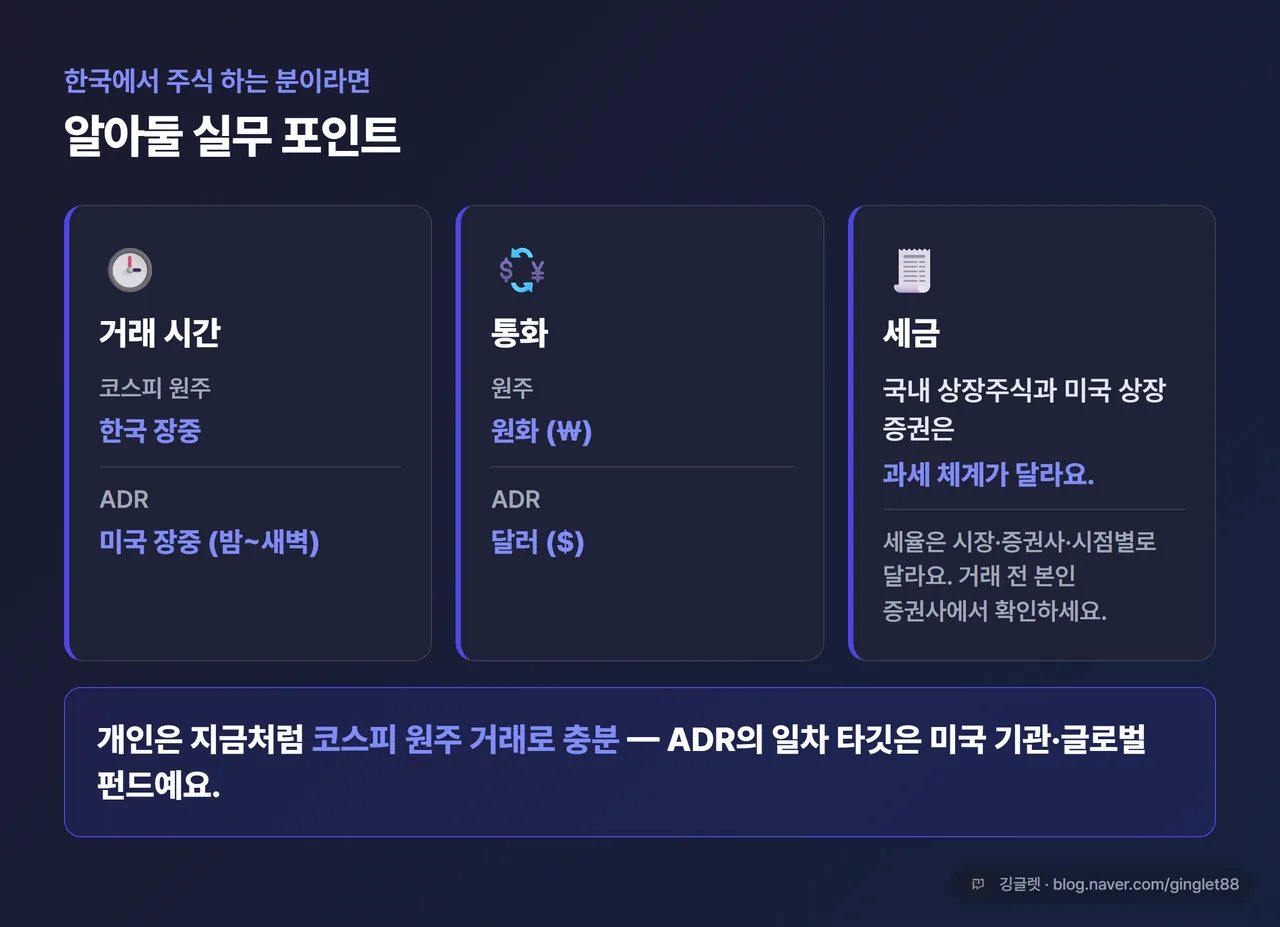 인포그래픽 - 한국 개인투자자 실무 포인트 카드. 거래시간(코스피=한국 장중 / ADR=미국 장중) · 통화(원주=원화 / ADR=달러) · 세금(과세 체계 다름, 증권사 확인) · “개인은 코스피 원주 거래로 충분, ADR은 미국 기관 타깃”