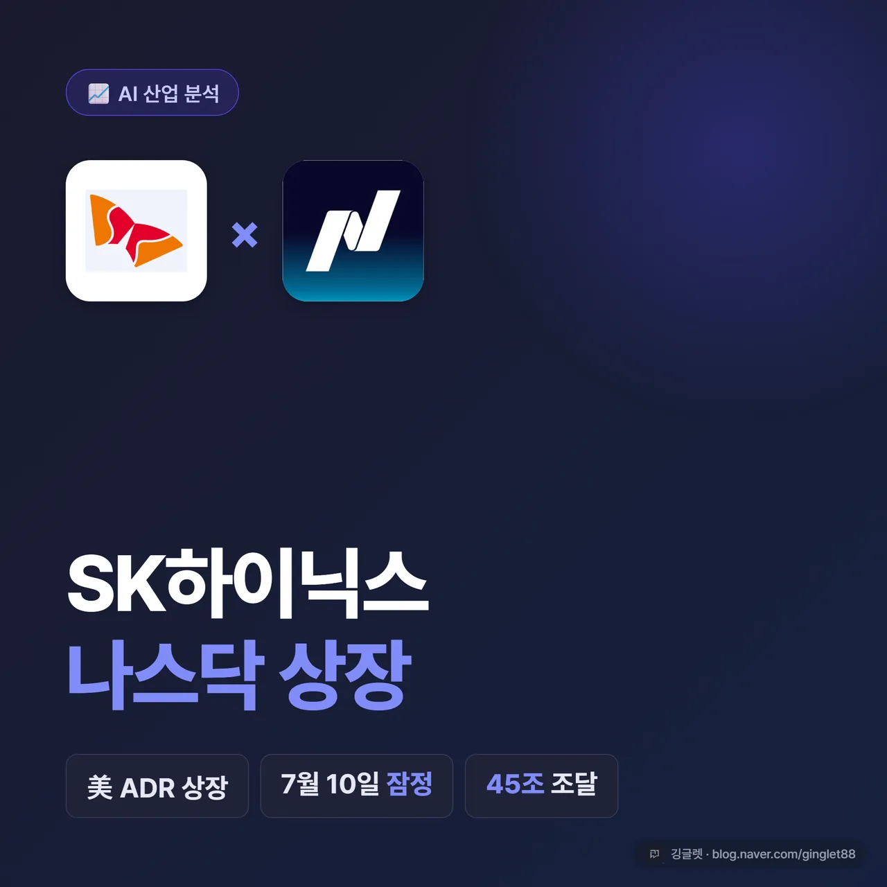 썸네일 - 네이비 배경에 “SK하이닉스 나스닥 상장” 큰 제목 + “美 ADR · 7월 10일(잠정) · 45조 조달” 부제, 우측에 미국 증시·증서 아이콘, 그린 포인트색