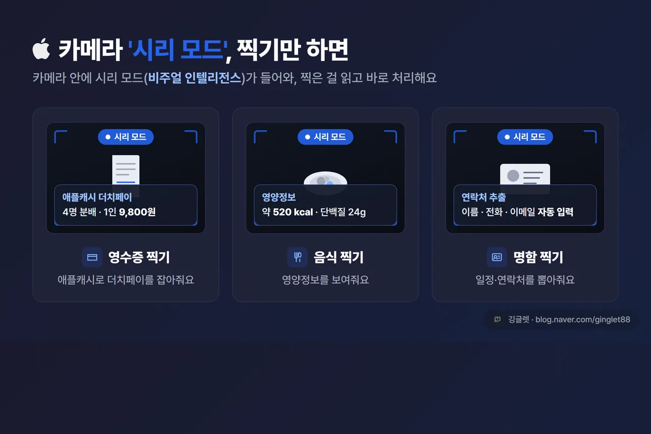 카메라 ‘시리 모드’ 활용 예시 - 영수증 촬영 화면에서 “더치페이 4명 분배” 카드가 뜨는 모습, 음식 사진→영양정보, 명함→연락처 추출 3컷. 우하단 워터마크