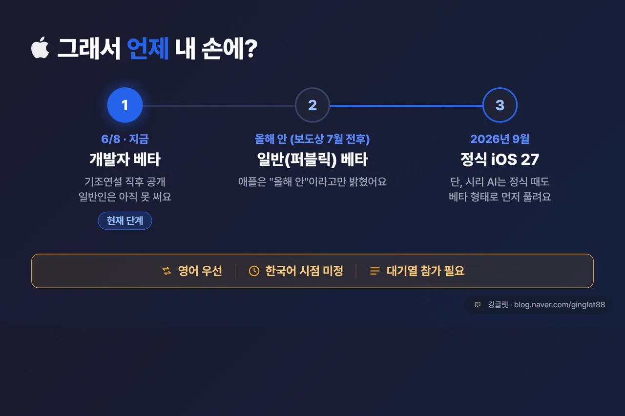 출시 타임라인 - 개발자 베타(6/8, 지금) → 일반 베타(올해 안, 보도상 7월 전후) → 정식 iOS 27(9월). 영어 우선·한국어 미정·대기열 필요 라벨. 우하단 워터마크